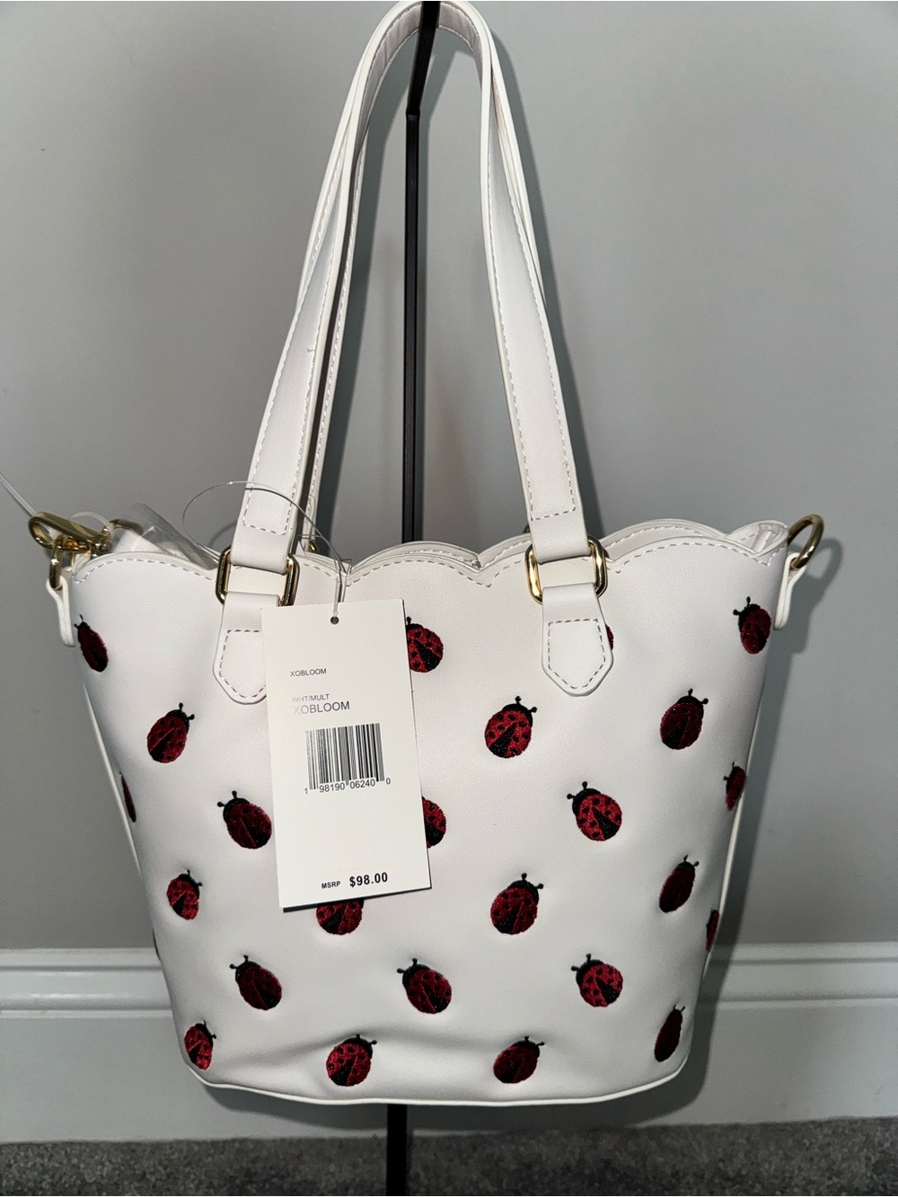 Betsey Johnson White Ladybug Print Tote Bag with Heart Charm - Picture 2 of 2